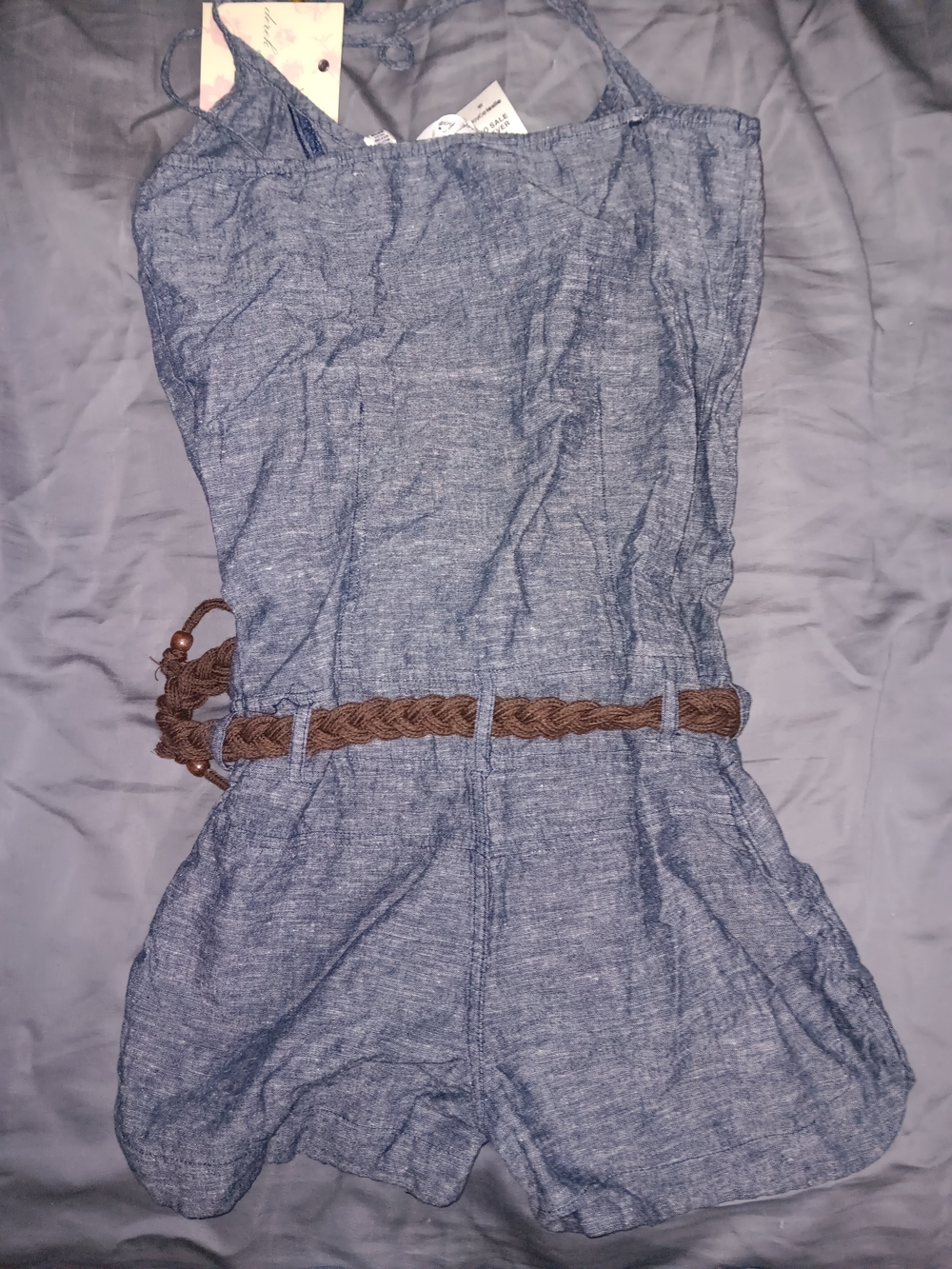 Women’s Blue Chambray Shorts Romper with Brown Braided Belt